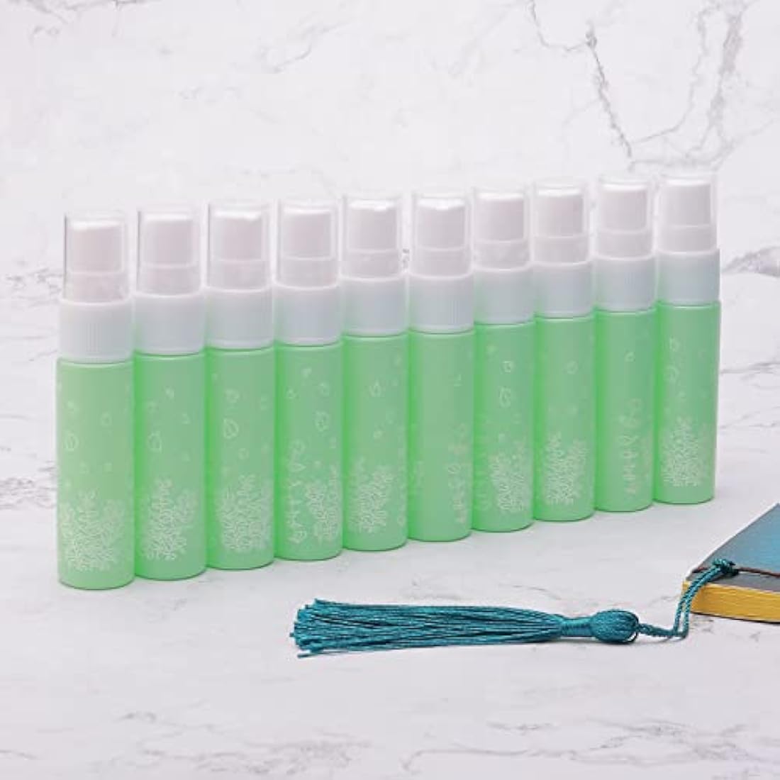Unxuey 10 pcs 10 ml Green Perfumes Spray Bottles, Glass Empty Dispenser Atomizer Travel Size Refillable Sample Container for Various Water-based Liquids with 10 Funnels+5 Droppers