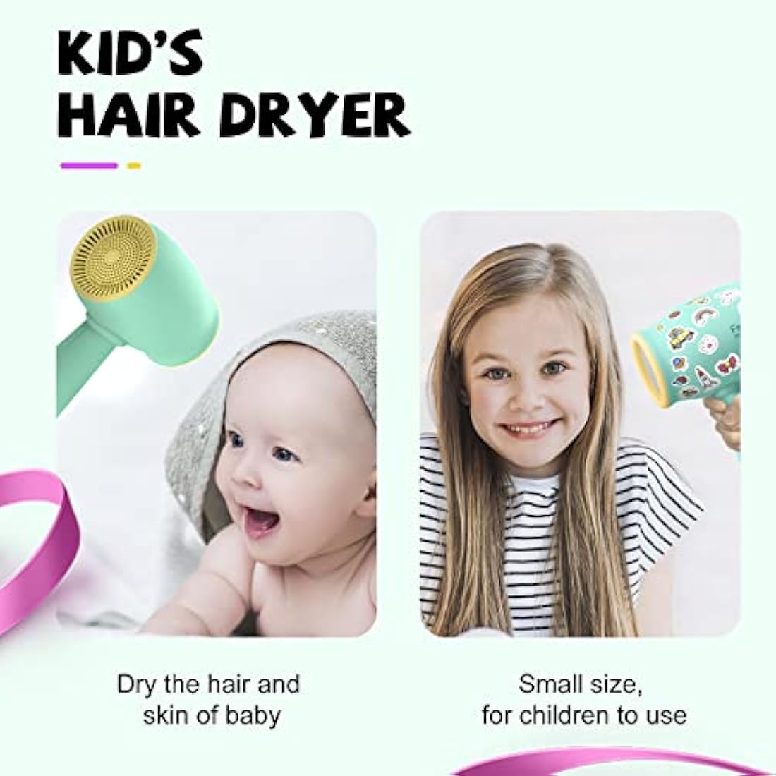 Feekaa Kids Hair Dryer, Portable Mini Baby Blow Dryer, Quiet Small Hair Dryer Travel Size for Children, Compact Kids Hairdryer with DIY Stickers, Gift for Boy & Girl Birthday, New Born, Baby Shower