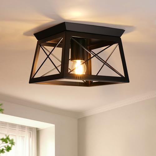 FORCOSO Black Ceiling Light Fixtures - E27 Industrial Flush Mount Ceiling Light 1-Light LED Square Metal Vintage Ceiling Lamp for Hallway Entryway Bedroom Living Room Kitchen - NO Bulb