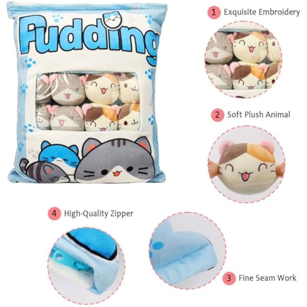 HXPLN Cute Snack Pillow Cat Plush Pillow, Pudding Cat Pillow with Kitty Dolls, Removable Stuffed Animal Toys Creative Gift for Teenagers, Girls, Children (8 Blue Kittens)