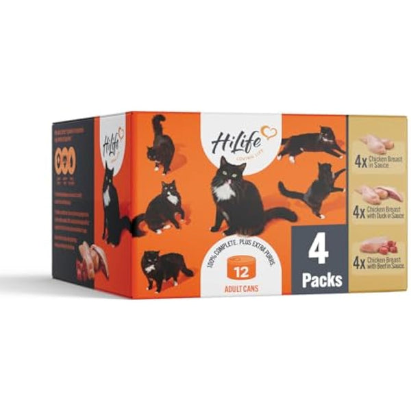 HiLife Adult Wet Cat Food Tins, Mixed Chicken Recipes in Sauce, Complete Tinned Cat Food, 100% Natural & Grain Free, Chicken Breast / with Beef / with Duck, 4x (12 x 70g) / 48 cans