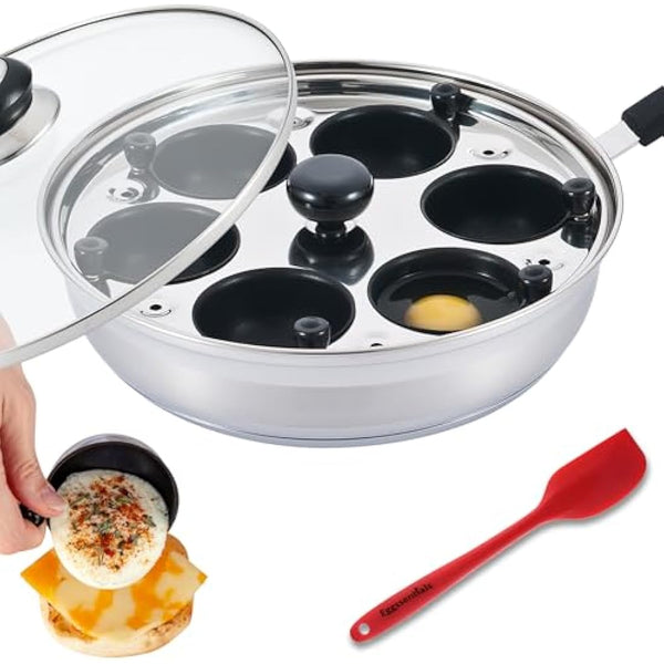 Eggssentials Poached Egg Maker - Nonstick 6 Egg Poaching Cups - Stainless Steel Egg Poacher Pan Food Grade Safe PFOA Free with Bonus Spatula