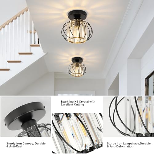 FORCOSO Ceiling Light 2-Pack, Black Light Shade Crystal Light Fitting, Semi Flush Chandelier Metal Lampshade, E27 Round Lighting Fixture for Living Room Hallway Kitchen Dining Room Bedroom Lounge