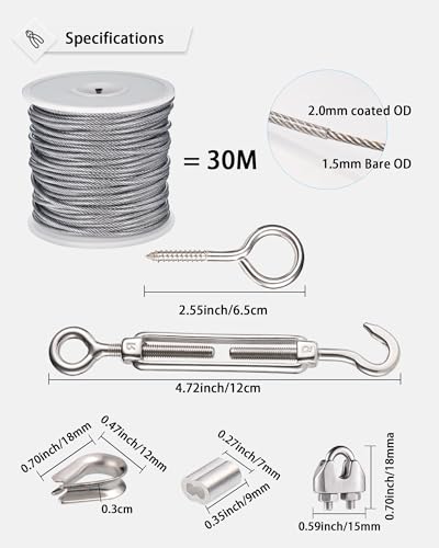 JIZZU 37PCS Garden Wire for Climbing Plants, 30M 304 Stainless Steel Wires with Vine Eyes, 2mm Garden Wire Heavy Duty with Turnbuckle Wires Tensioner, Wire Rope Kit for Outdoor Hanging, Fence