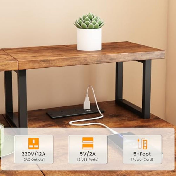 Dripex Computer Desk with Power Outlet, 107.5cm Reversible Desk with Long Monitor Stand, Storage Shelves, Hooks, Work Writing Gaming Table for Home Office