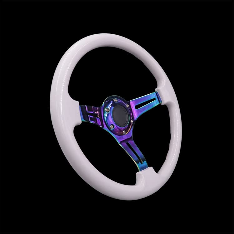 350mm Green Racing Steering Wheel Neo Chrome Spoke Universal 6 Bolts 45mm Deep Dish Classic ABS Wood Steering Wheel with Horn Button