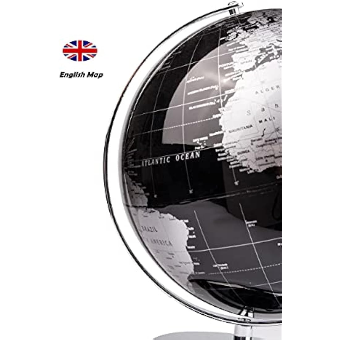 Exerz 30cm World Globe With a Metal Base, Metallic Black Earth Globe Geographic English Modern Map Desktop Decoration