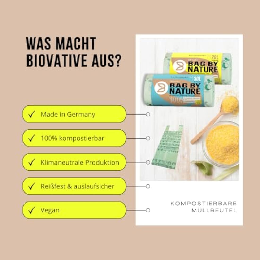 6L organic waste bags with handle - 100% compostable & biodegradable - tear-resistant organic bags for clean disposal with handle - also available as 10L, 20L, 30L