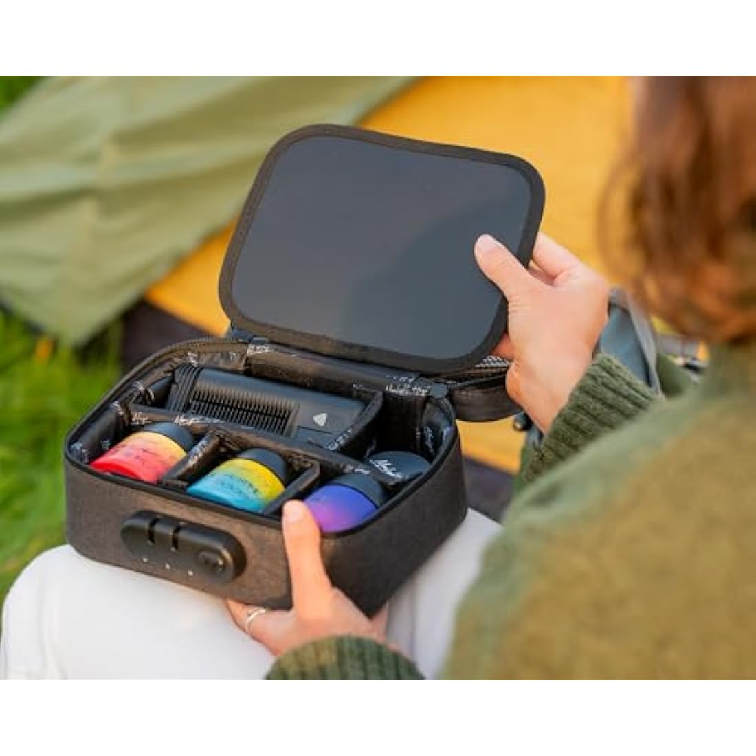 Moonlight Haze Smell Proof Bag – Smell Proof Box Stash Box Gift Set with 3 Smell Proof Containers, Metal Grinder, Integrated Rolling Tray, 3 Doob Tubes, and Stash Jars – Gifts for Men & Women