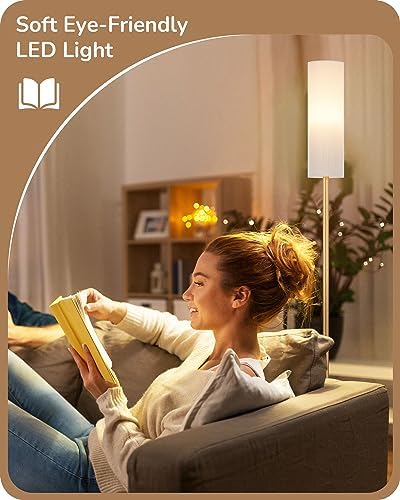 EDISHINE Floor Lamp, Standing Lamp with Wrinkled Linen Lampshade, Floor Lamps for Living Room, Bedroom, 165cm, E27 Socket(9W LED Dimmable Bulb Included), Magnetic Remote Control, Gold