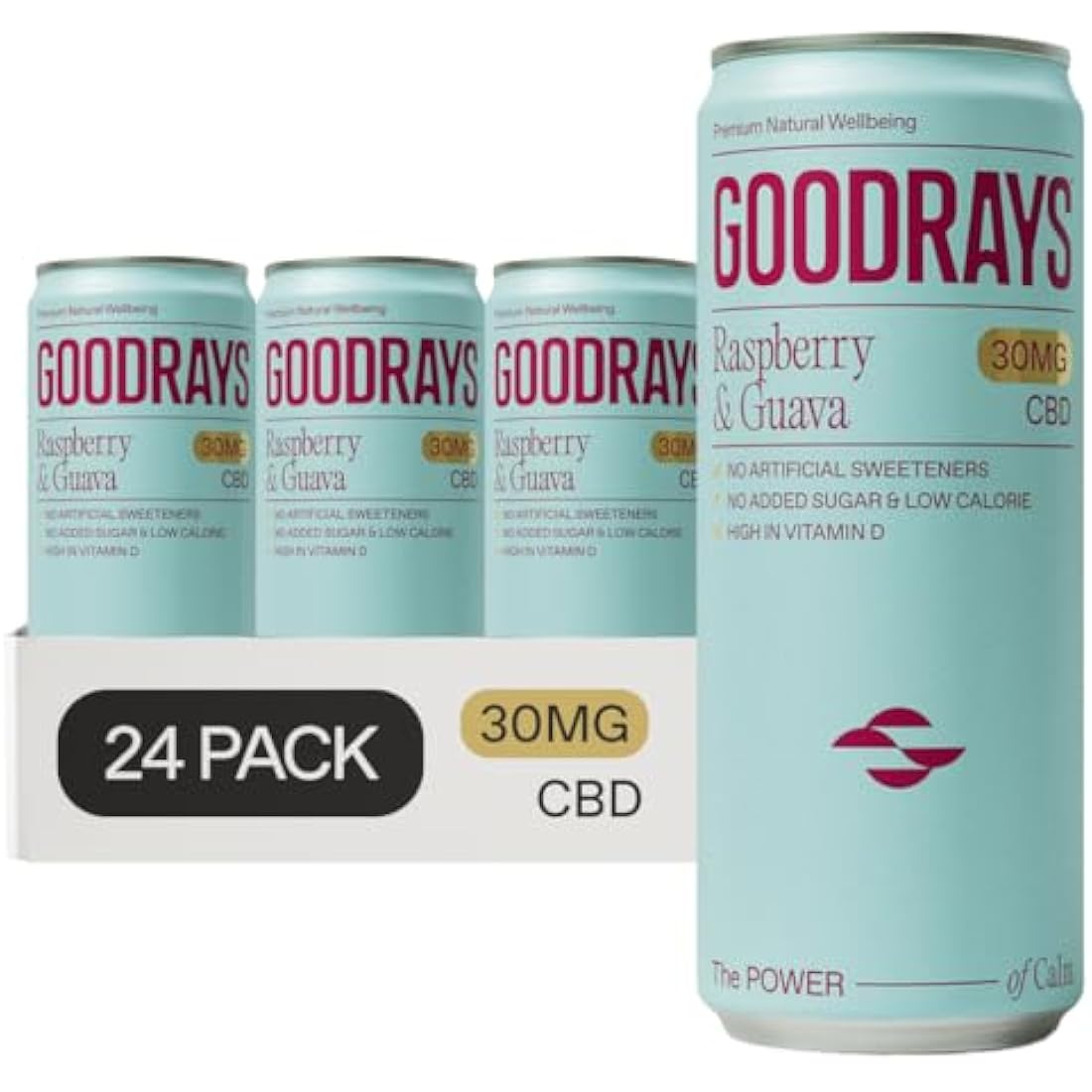 Goodrays - 30mg CBD Drink - 24 x 250ml Cans - Raspberry & Guava - Natural Flavours, Low Calorie, Vegan - High Strength (30mg/can), All Natural - Reduce Stress & Unwind, Packaging May Vary