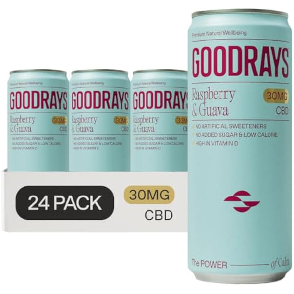 Goodrays - 30mg CBD Drink - 24 x 250ml Cans - Raspberry & Guava - Natural Flavours, Low Calorie, Vegan - High Strength (30mg/can), All Natural - Reduce Stress & Unwind, Packaging May Vary