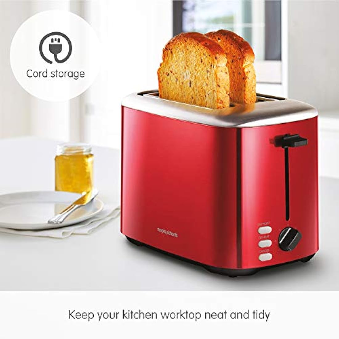 Morphy Richards Equip Red 2 Slice Toaster - Defrost And Reheat Settings - 2 Slot - Stainless Steel - 222066