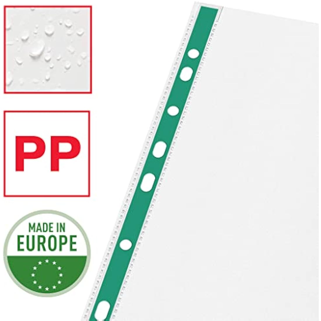 Esselte A4 Punched Pockets, 500 x Poly Pockets, 43 Micron Thickness, Embossed A4 Pockets With Punched Reinforced Green Spine, Ideal For Lever Arch Files & Ring Binders (Pack of 500), 628617