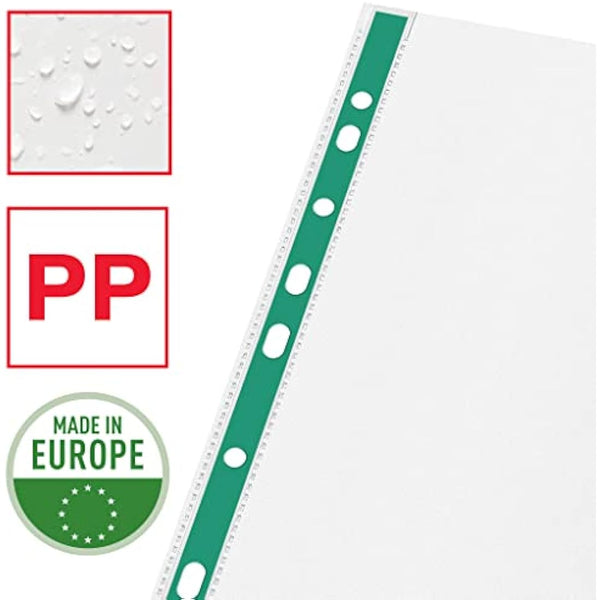 Esselte A4 Punched Pockets, 500 x Poly Pockets, 43 Micron Thickness, Embossed A4 Pockets With Punched Reinforced Green Spine, Ideal For Lever Arch Files & Ring Binders (Pack of 500), 628617