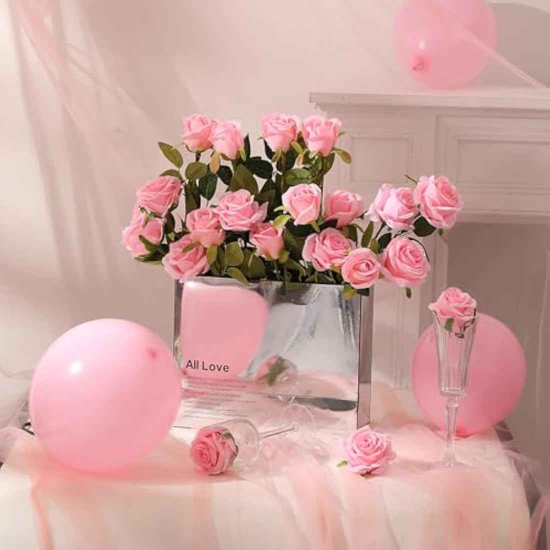 Hawesome 12PCS Artificial Roses Fake Flowers Single Long Stem Blooms With Rose Buds Wedding Decoration Bridal Bouquet Decorative Flower Arrangement Home Decoration Party Centerpieces in Pink