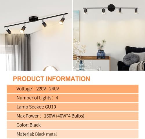 4 Way Spotlight Ceiling Light Rotatable, GU10 Industrial Ceiling Light Fitting Black Spot Light Bar Indoor Adjustable Light Ceiling Spot Lamp for Kitchen Bedroom Hallway, 3000K GU10 Bulb Included