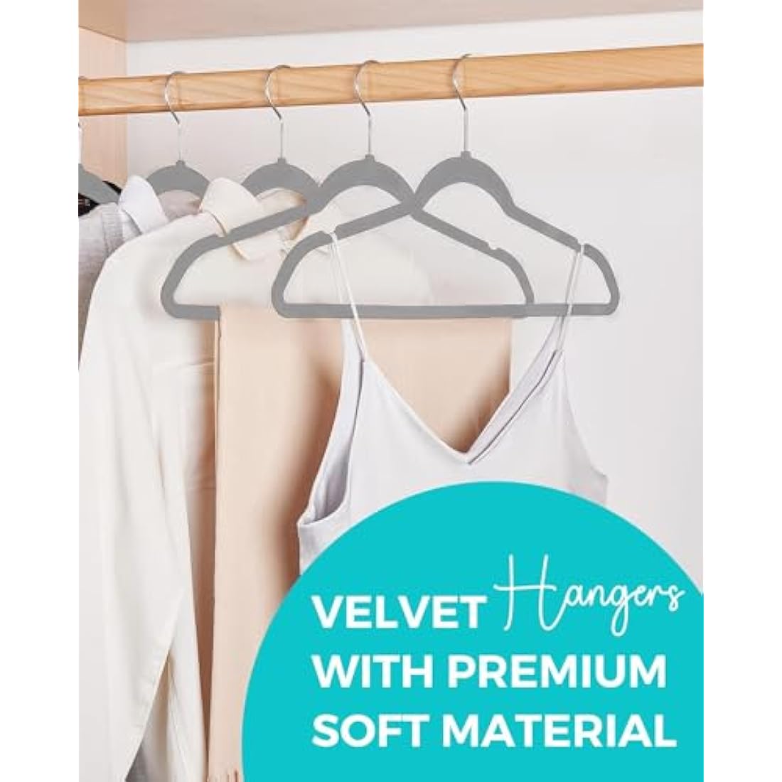 HOUSE DAY Velvet Hangers 60 Pack - Non-Slip Premium Hangers for Clothes, Felt heavy Duty Coathangers, Durable Suit Hanger for Space Saving, No Hanger Marks 360 Rotating (Light Grey)