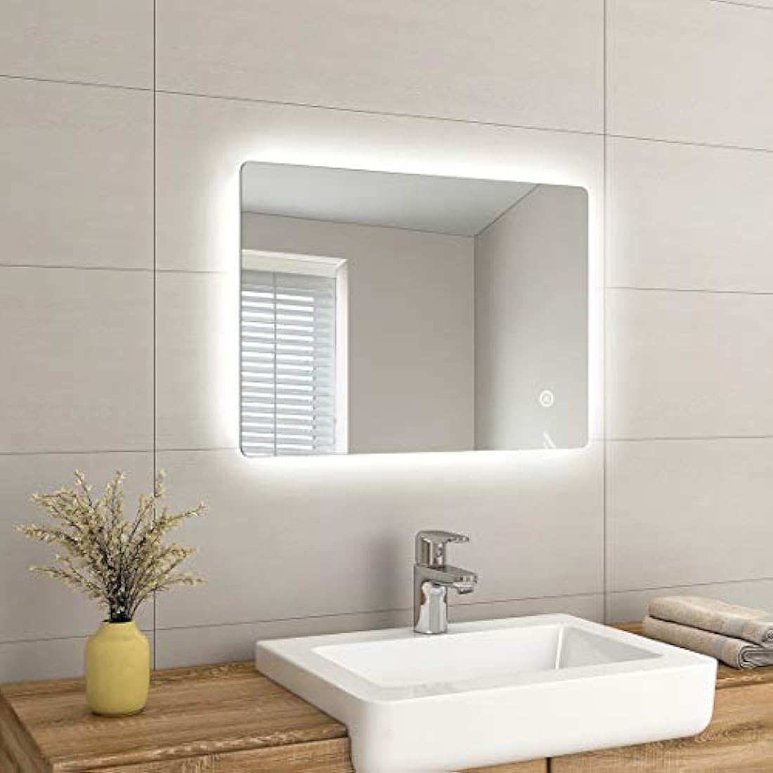 EMKE 500 X 700 mm LED Illuminated Bathroom Mirror with Lights and Demister Pad, Wall Mounted Touch Sensor Bathroom Mirrors Anti Fog for Makeup Cosmetic, IP44 Rated