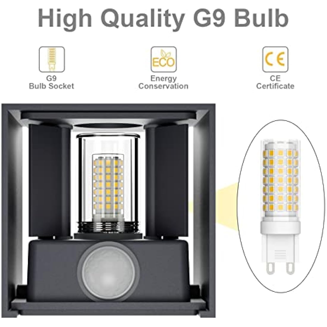 Klighten 2PCS Outdoor Wall Light with Motion Sensor, Waterproof IP54 Outside Wall Lamps with Sensor, Adjustable Beam Angle, Warm White 3000K, Antracita (G9 LED Bulb Include)