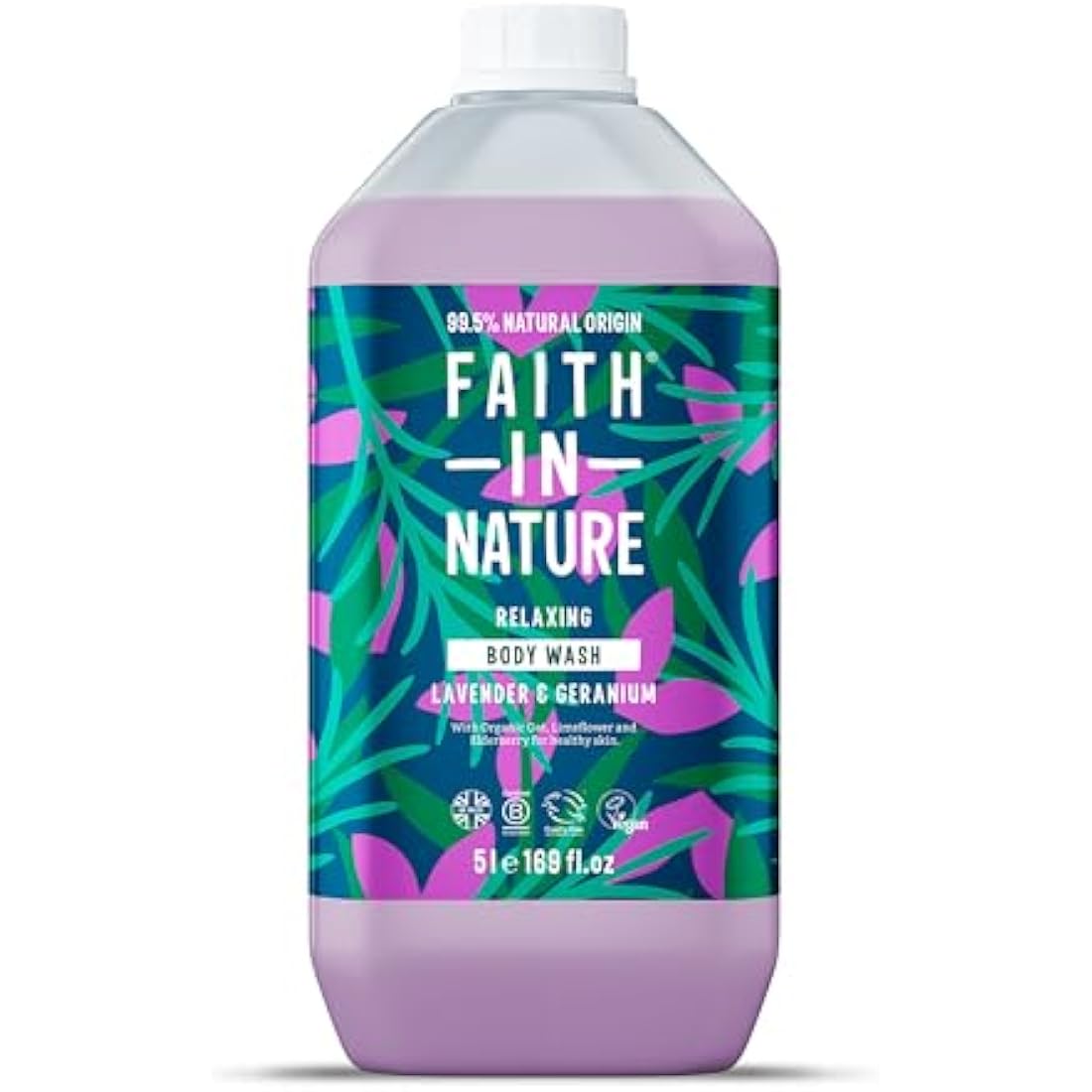 Faith In Nature Natural Lavender & Geranium Body Wash, Relaxing Shower Gel, Vegan & Cruelty Free, No SLS or Parabens, 5L Refill Pack