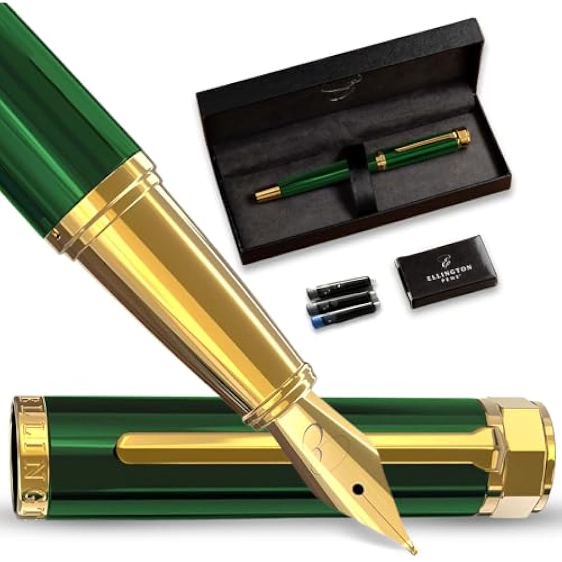 Ellington Pens Luxury Fountain Pen Set- Fountain Pens for Writing - Smooth Nib - Includes Refillable Ink Converter, 3 Ink Cartridges [2 Black & 1 Blue], Gift Box - Elegant Calligraphy