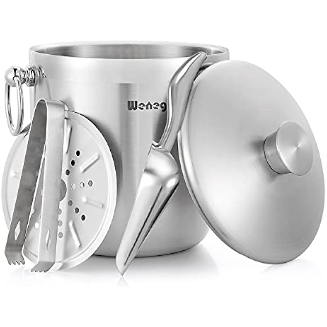 3L Insulated Stainless Steel Ice Bucket with Lid, Scoop, Tongs & Strainer - Keeps Ice Frozen for Cocktails & Parties