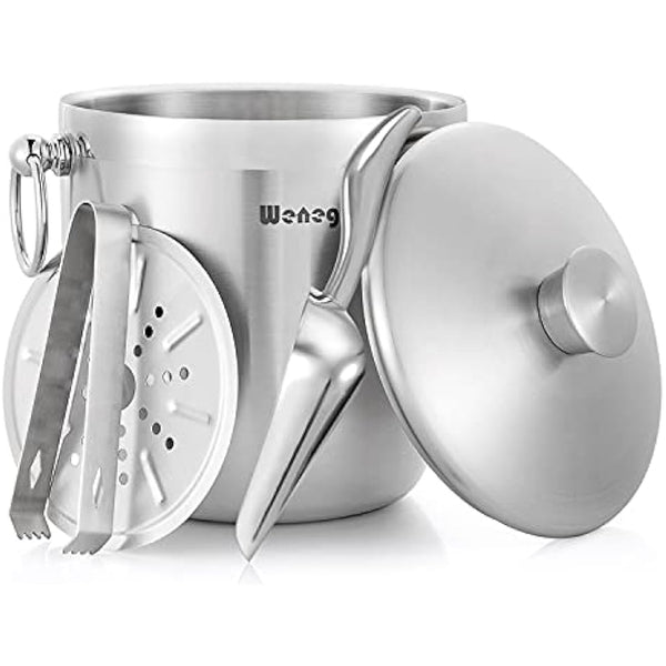 3L Insulated Stainless Steel Ice Bucket with Lid, Scoop, Tongs & Strainer - Keeps Ice Frozen for Cocktails & Parties