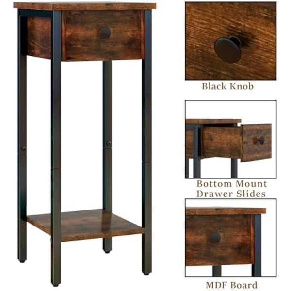 IBUYKE Slim Bedside Table Set of 2, Narrow Nightstand with Drawer, Telephone Table for Small Spaces, 25x25x70cm, Small Side End Table for Bedroom Living Room Hallway, Brown TMJ417H-2