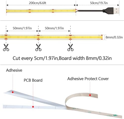 GOMING DC 5V USB COB LED Strip Light Warm White 3000K Dimmable IP65 Waterproof CRI 93+ USB Powered 6.6ft/2M 320LEDs/M Flexible LED Tape Lights for TV Backlight Cabinet Home DIY Lighting
