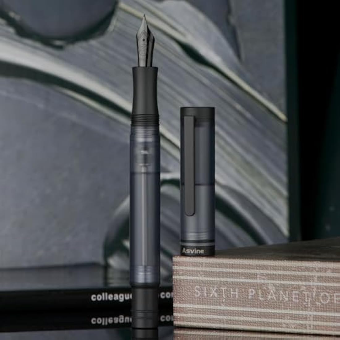 Asvine V200 Titanium Fountain Pen Vacuum Filling, Matte Black Bock Extra Fine Nib Clear Demonstrator Acrylic with Pen Case and Wrench