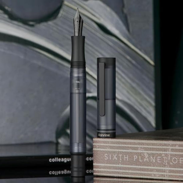 Asvine V200 Titanium Fountain Pen Vacuum Filling, Matte Black Bock Extra Fine Nib Clear Demonstrator Acrylic with Pen Case and Wrench