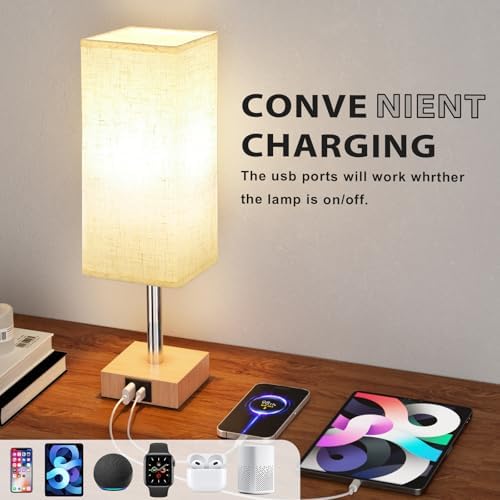 Aooshine Bedside Lamps Set of 2, 3-Way Dimmable Table Lamp with USB-C+A Charging Ports,Lamps for Bedroom with Linen Fabric Shade(Bulbs Included)