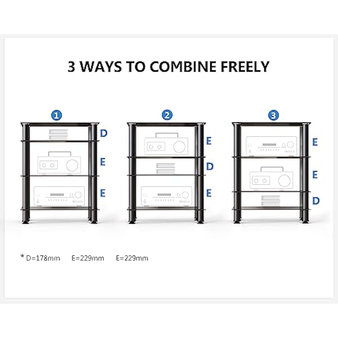 FITUEYES HiFi Rack AV Shelf 4-Tiers Glass TV Stand with Tempered Glass Media Storage Shelves Black
