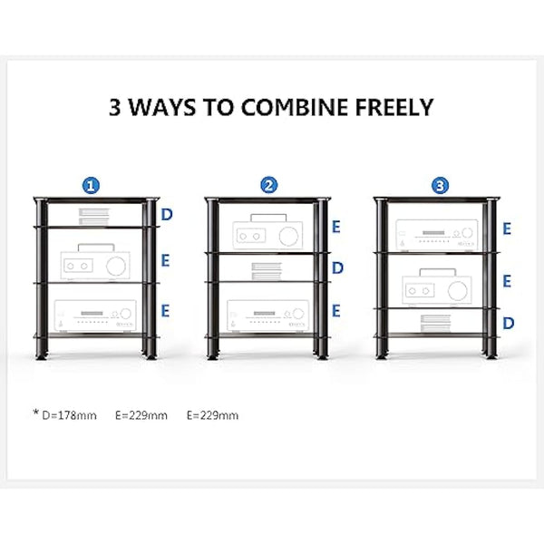 FITUEYES HiFi Rack AV Shelf 4-Tiers Glass TV Stand with Tempered Glass Media Storage Shelves Black