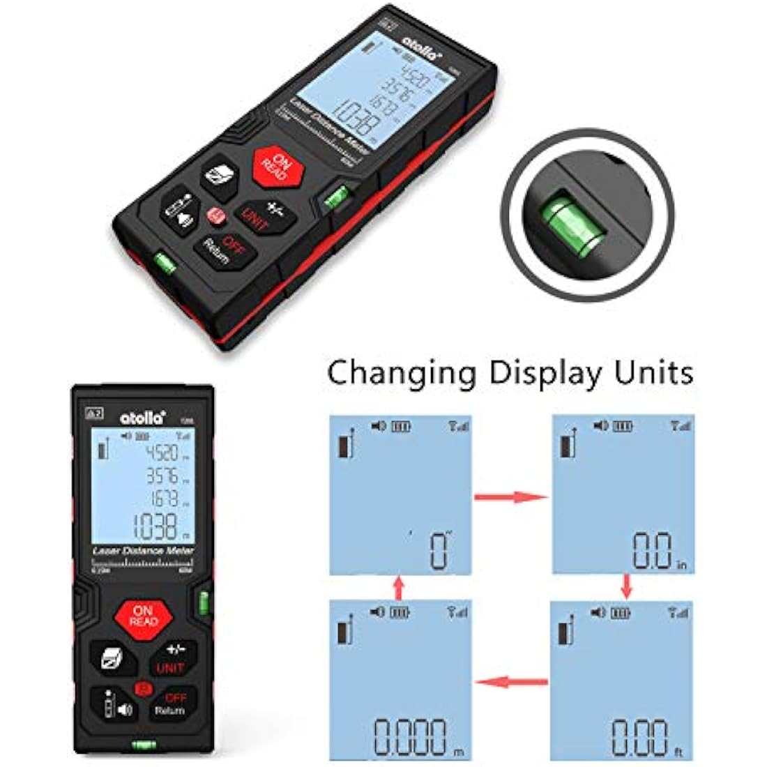 atolla Laser Measure Device, Laser Distance Meter up to 60m / ± 2mm Digital Measure Tool Range Finder with Bubble Level and Large LCD Backlit and Waterproof IP54