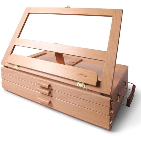 ARTISTIK Wooden Table Top Easel | Premium Adjustable Desk Easel x3 Draws | Crafted with Leather Handle | for Artists; Painting, Drawing, Sketching and More