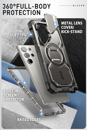 i-Blason Armorbox for Samsung Galaxy S24 Ultra Case MagSafe with Camera Cover Stand [Support Wireless Charger] 360 Full-Body Case with Screen Protector & Kickstand Phone Case for S24 Ultra, Gray