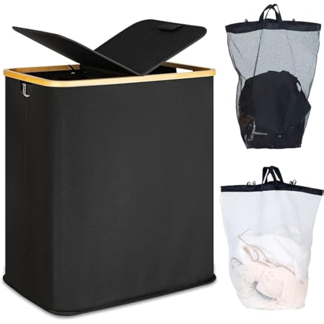 efluky Laundry Basket with Lid 140L 2 Compartments Extra large Washing Baskets for Laundry, Laundry Bin Linen Cloth Basket with 2 Removable Laundry Bags, Black