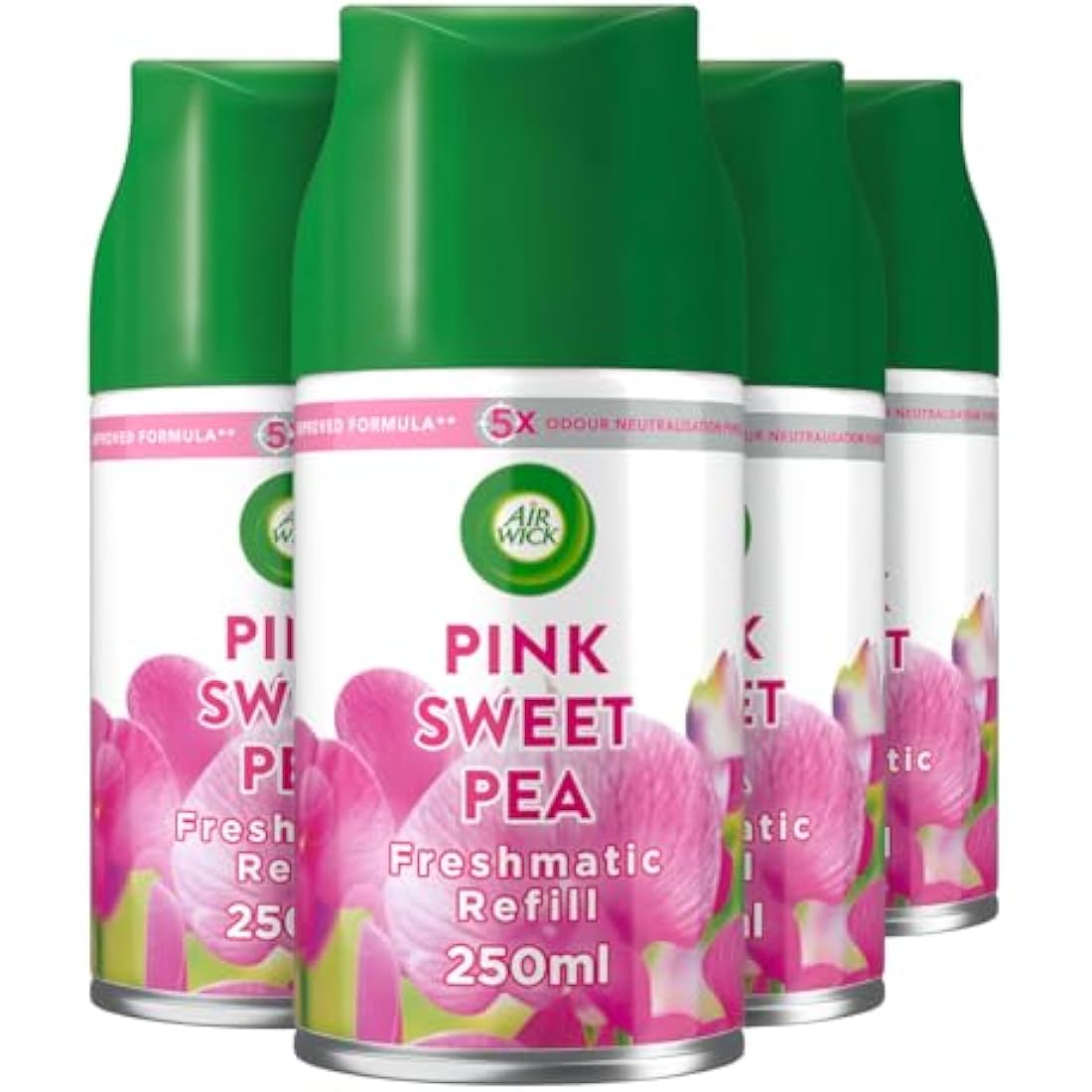 Air Wick Automatic Air Freshener Freshmatic Spray Refills, Pink Sweat Pea, Pack 4 x 250ml, Natural Essential Oils, Last up to 280 days, Air freshener