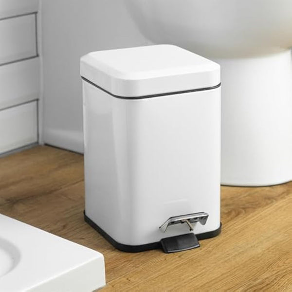 Harbour Housewares Bathroom Bin & Brush Set - White - 2pc Square Stainless Steel Pedal Bin & Toilet Brush Set Slim Small Trashcan for Kitchen Waste, Bathroom Rubbish