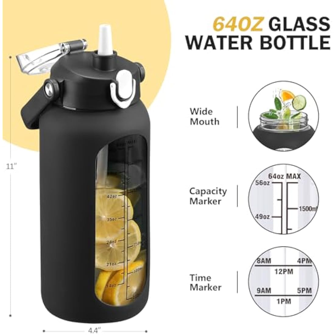 HYDRAGLAZIC 2L Glass Water Bottle with 2 Lids Flip and Chug Lids 2 Liter Large Water Jug with Time Marker and Silicone Sleeve BPA Free Leak-proof for Sports Gym, Black