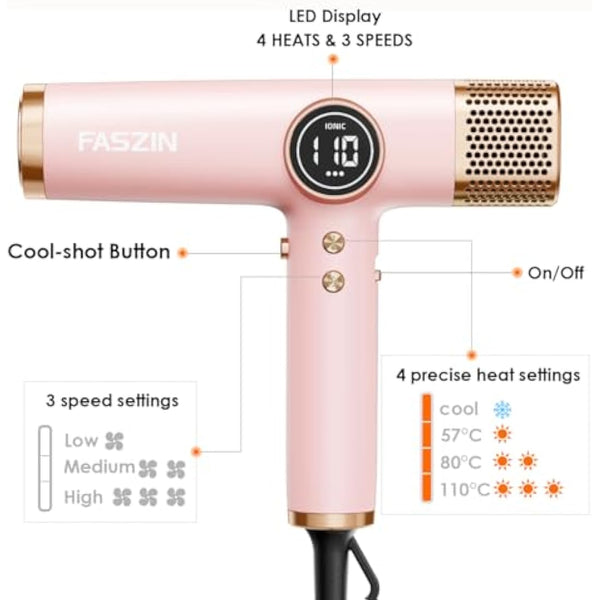 Faszin Hair Dryer, Lightweight Hairdryer with 110,000 RPM High Speed Motor for Fast Drying, 200 Million Ionic Hairdryers for Women & Men, Low Noise Hair Dryers, with 3 Magnetic Nozzle (Pink)
