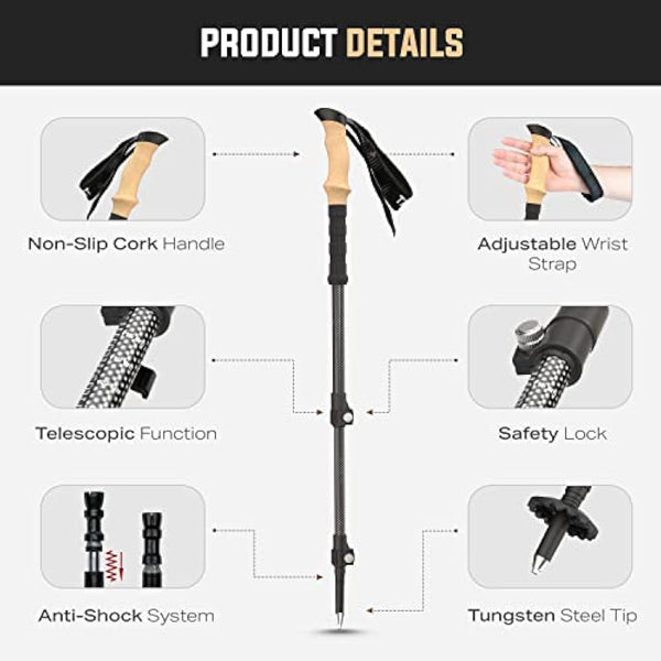 Effekt Carbon Fibre Trekking Poles - Collapsible, Leightweight Hiking Sticks with Cork Handle - Adjustable, Telescopic and Portable Nordic Walking Canes