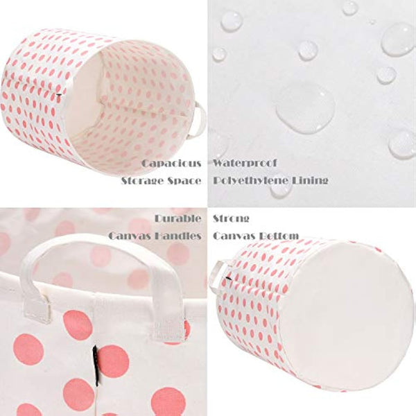 Sea Team 19.7 Inch Large Sized Waterproof Coating Ramie Cotton Fabric Folding Laundry Hamper Bucket Cylindric Burlap Canvas Storage Basket with Stylish Pink Dot Design