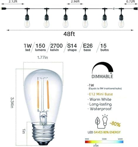 Svater Outdoor String Lights LED 15m, S14 48FT Festoon Lights Mains Powered with 15+1 2W Plastic Bulbs, IP65 Waterproof Garden String Lights for Patio Party Wedding, 2700K Warm White