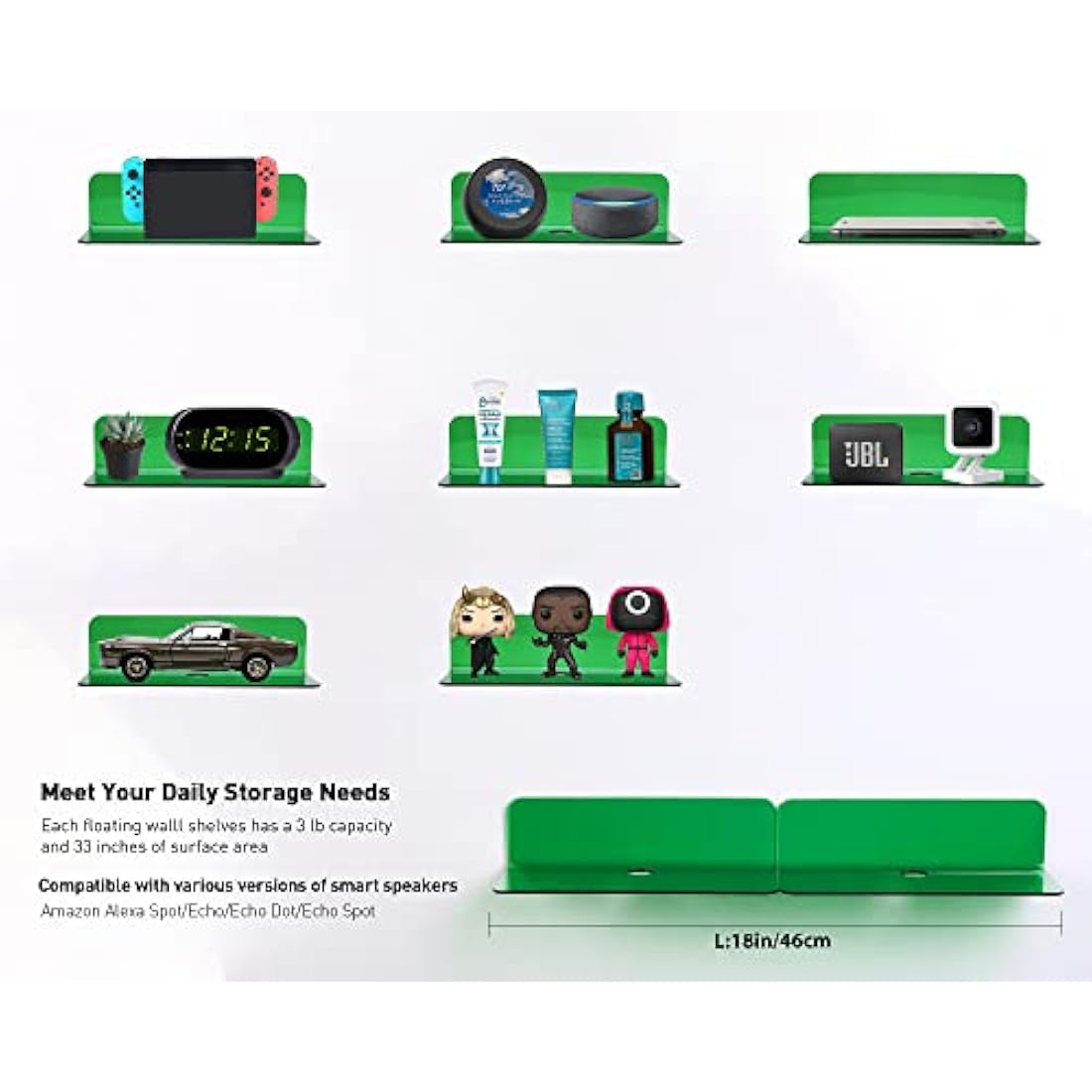 OAPRIRE Acrylic Floating Wall Shelves Set of 2 - Easily Expand Wall Space - Small Shelf for Bathroom, Bedroom, Kitchen, etc - with Cable Clip, Drill-free installation, 9 Inch - Emerald Green