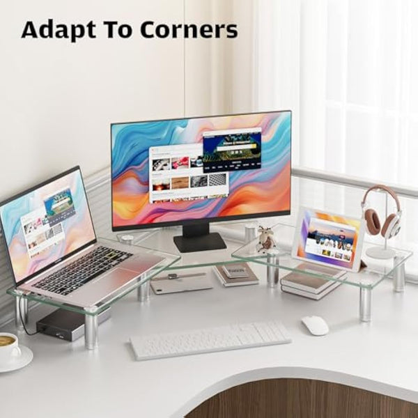 Hemudu Dual Monitor Stand - Adjustable Length and Angle Dual Monitor Riser, Computer Monitor Stand, Desktop Organizer, Monitor Riser for PC, Computer, Laptop (Clear)