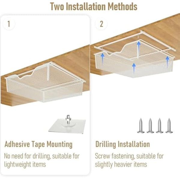 2 Pack Pull Out Basket Storage Under Shelf, Under Cabinet Hanging Drawer, Metal Wire Mesh Storage Basket Organizer for Kitchen, Office, Wardrobes, Cupboard rack White