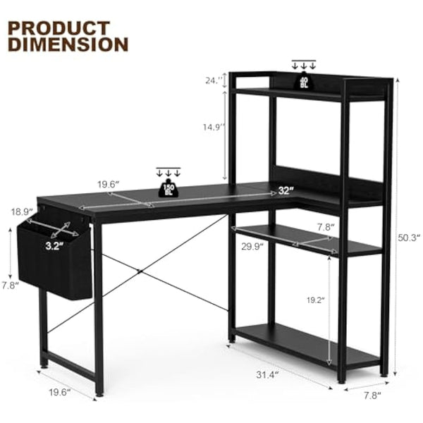 Grandder 100x80 cm L Shaped Gaming Desk with Reversible Storage Shelves, Computer Desk Home Office Corner Study Writing Table with Hutch, Study, Black